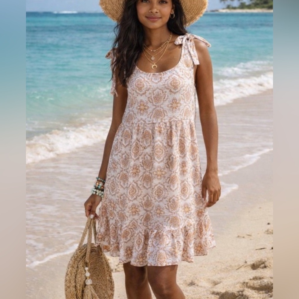 Pink Rose Gauzy Boho Tie-Shoulder Dress in Cream & Tan